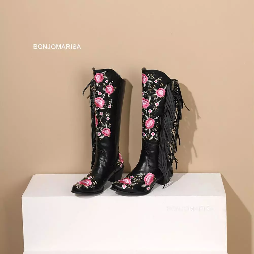 2023 Brand New High Heeled Women Knee High Western Boots Pointed Toed Fringed Flower Zip Spring Autumn Lady Shoes