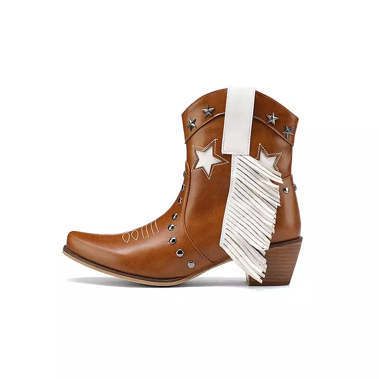 2023 Brand New High Heeled Women Western Ankle Boots Pointed Toed Zip Fringed Star Nail Decor Spring Autumn Shoes