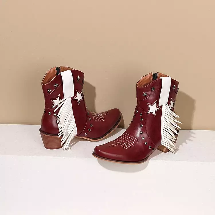 2023 Brand New High Heeled Women Western Ankle Boots Pointed Toed Zip Fringed Star Nail Decor Spring Autumn Shoes