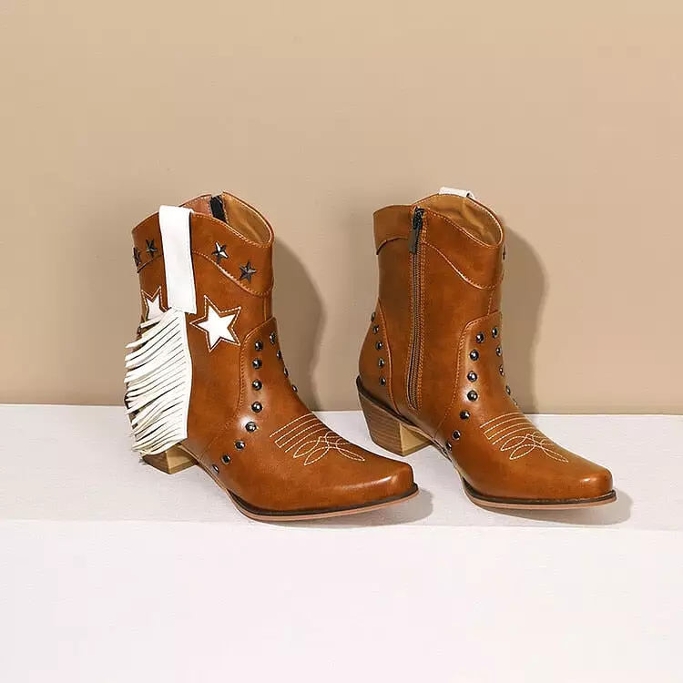 2023 Brand New High Heeled Women Western Ankle Boots Pointed Toed Zip Fringed Star Nail Decor Spring Autumn Shoes