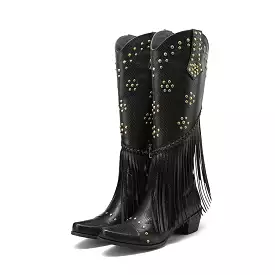 2023 Brand New Women Western Knee High Boots Knight Pointed Toed Zip Metal Nail Fringed Spring Autumn Lady Shoes