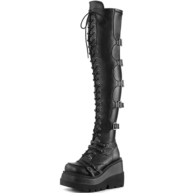 2023 Gothic Punk Biker Women Thigh Boots Wedges High Heels Platform Over The Knee Boots Autumn Shoes