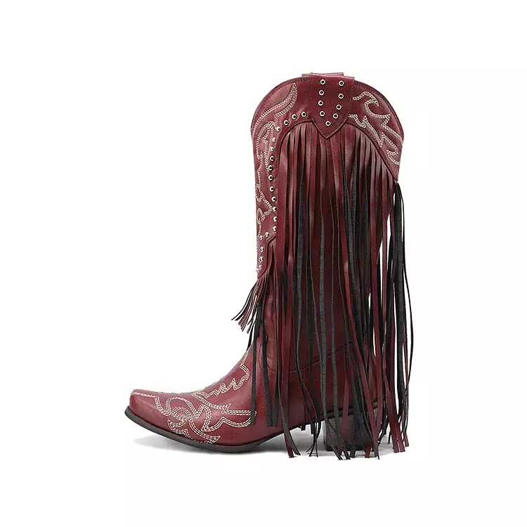 2023 Women Western Mid-calf Boots Pointed Toed Fringed Slip-on Spring Autumn