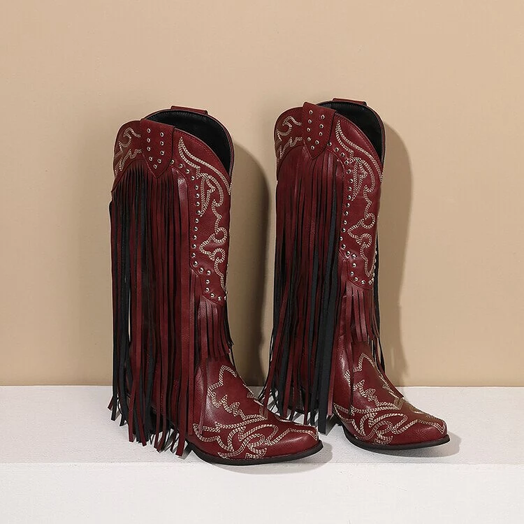 2023 Women Western Mid-calf Boots Pointed Toed Fringed Slip-on Spring Autumn