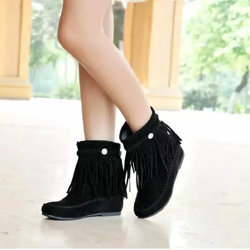 Ashore Shop boho ethnic national women tassel fringe Faux suede leather ankle boots