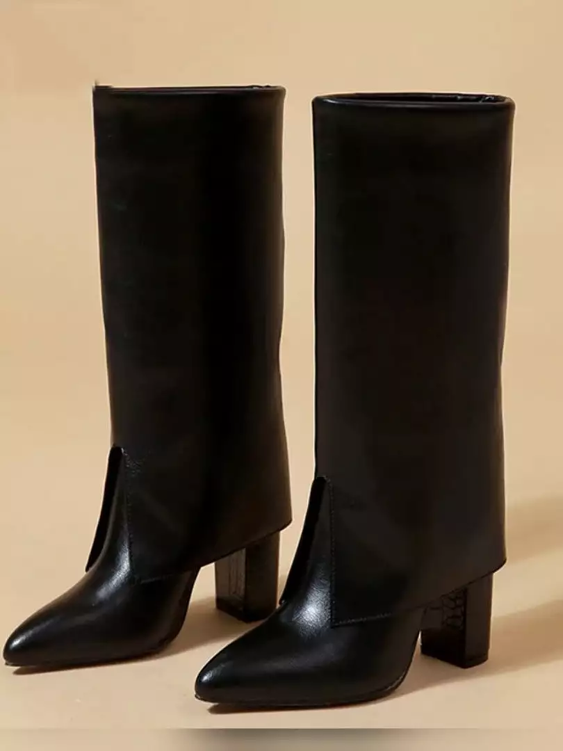 Ashore Shop New Chunky Heel Pointed Toe Women Long Knee High Boots Black Winter Shoes Female Chelsea Booties Size 35-42