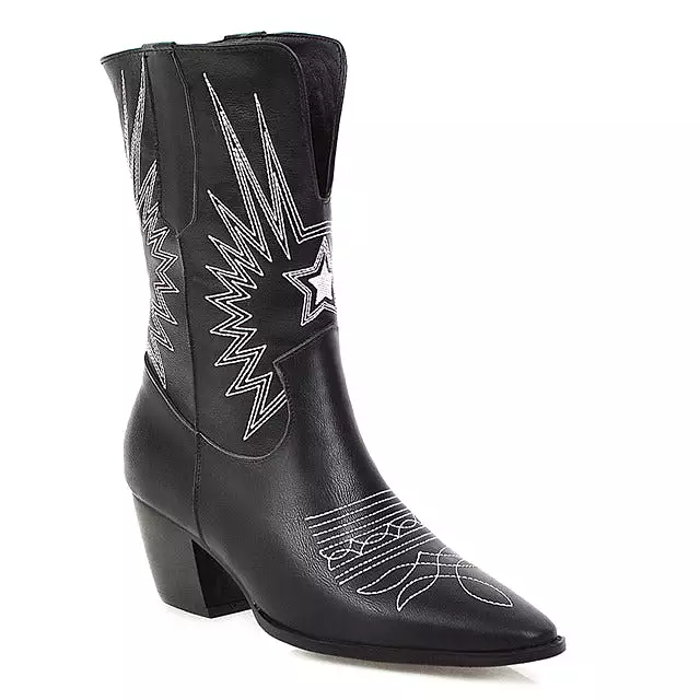 Ashoreshop Western Cowgirl Floral Boots For Women 2023 Pointed Toe Mid Calf Embroidery Boots