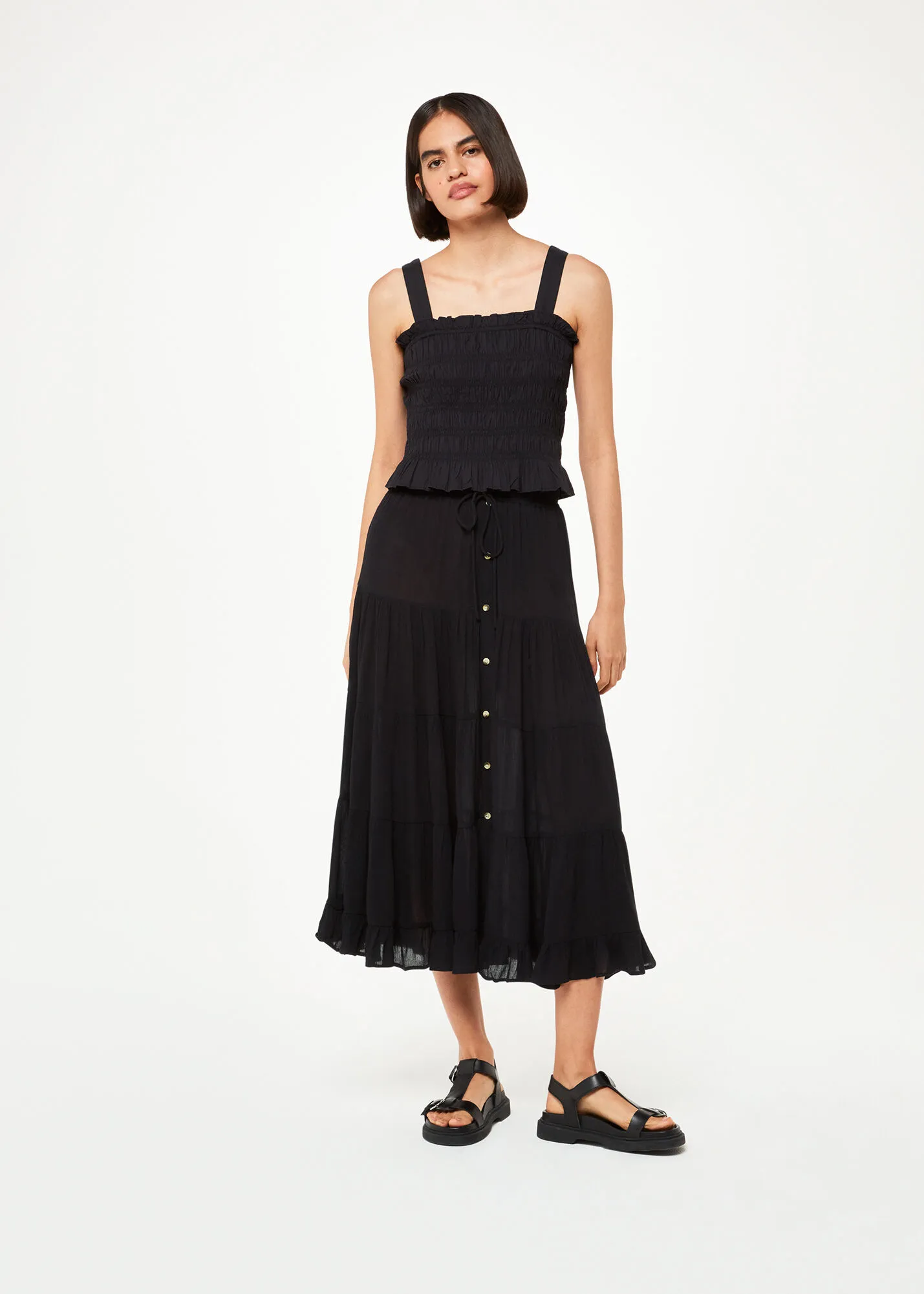 Black Button Front Crinkle Skirt