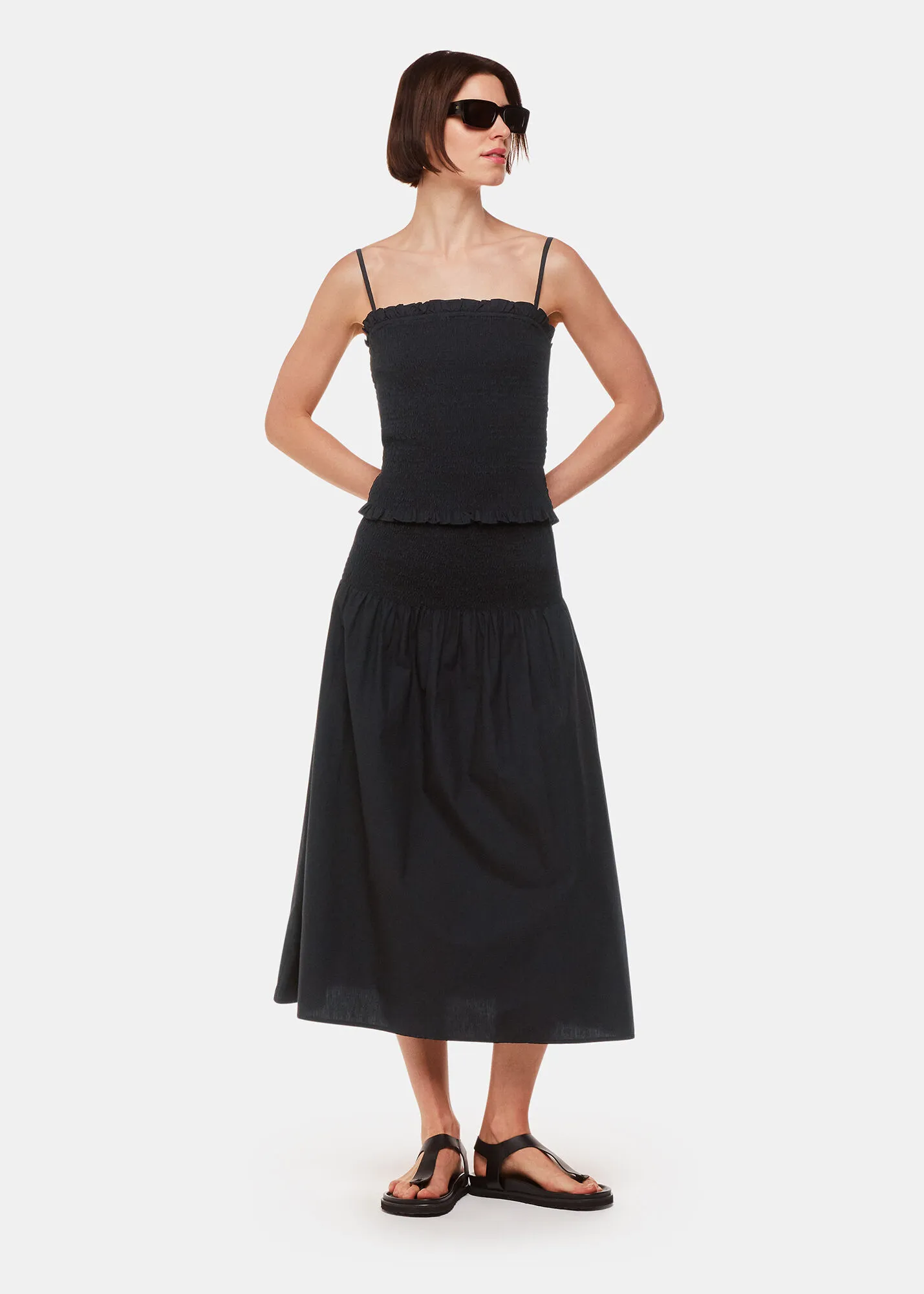 Black Louisa Smocked Midi Skirt