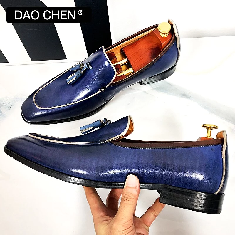 BLUE BLACK TASSEL LOAFERS SLIP ON ELEGANT MEN DRESS SHOES