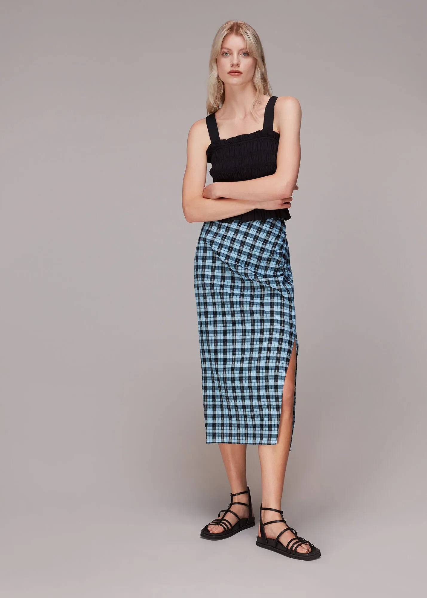 Blue Gingham Ruched Front Skirt