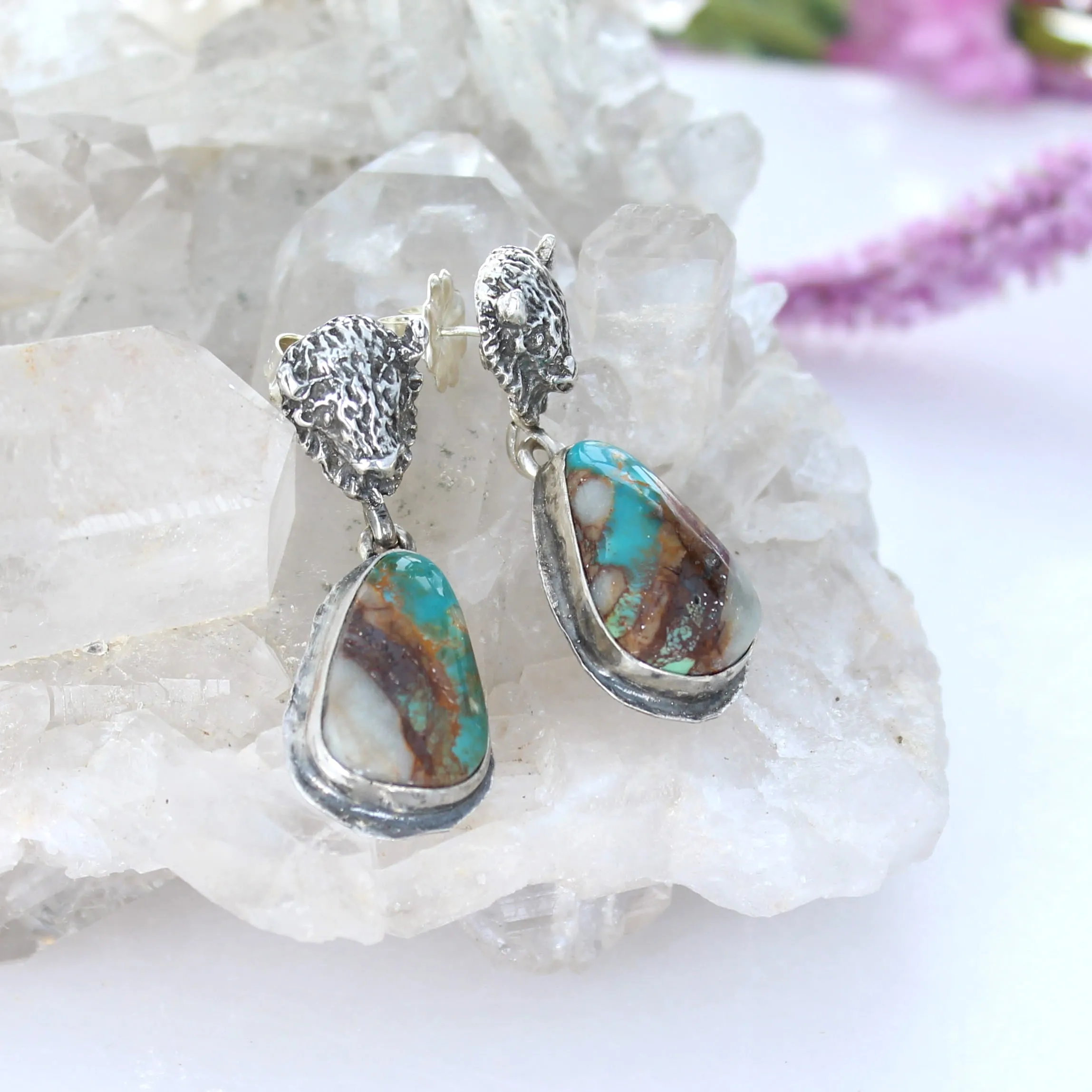 Buffalo Head Royston Mine Earrings Teal and Golden Southwest Sterling