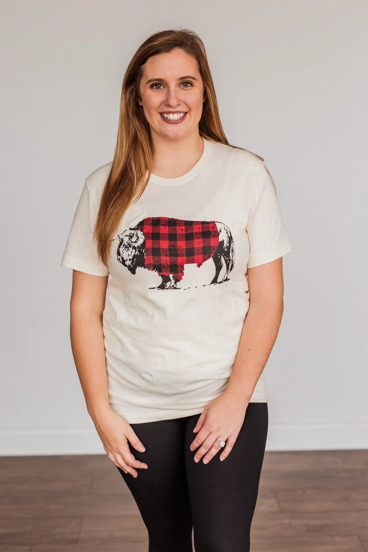 Buffalo Wearing Buffalo Plaid Graphic Tee- Cream