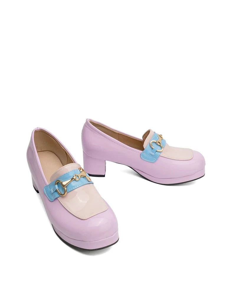 Classic Metal Buckle Colorblock Chunky Heeled Loafers