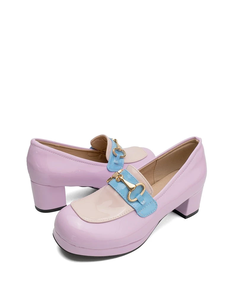 Classic Metal Buckle Colorblock Chunky Heeled Loafers