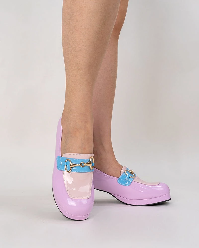 Classic Metal Buckle Colorblock Chunky Heeled Loafers