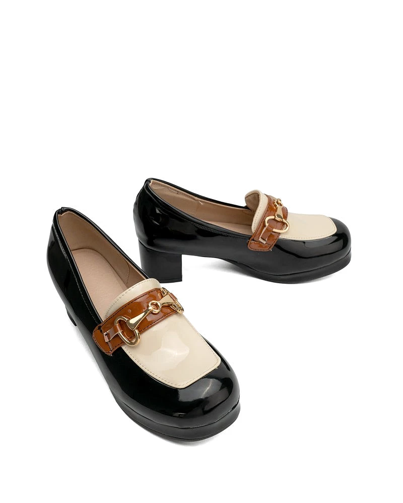 Classic Metal Buckle Colorblock Chunky Heeled Loafers