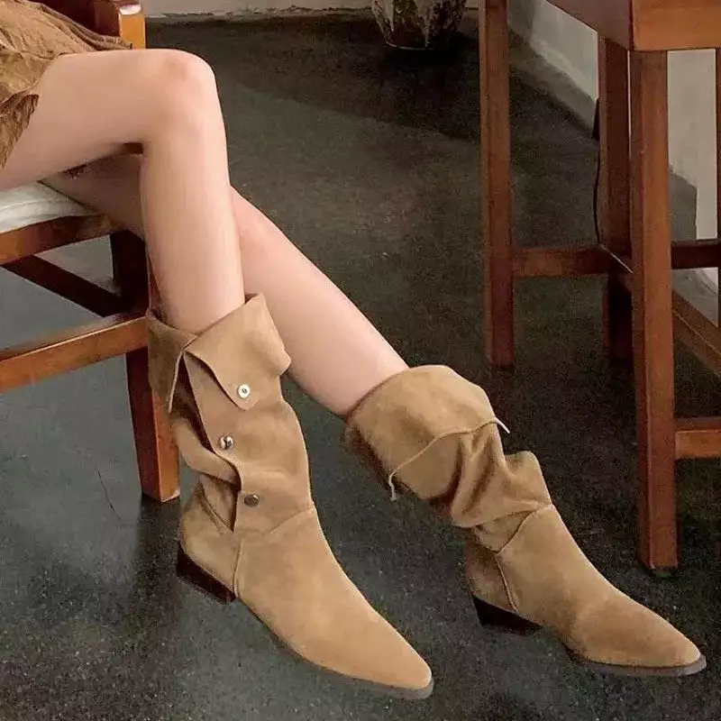 Classic Western Cowboy Boots for Women 2023 New Suede Pointed Toe Low-heeled Women's Mid Calf Boots Foldable Casual Boots Female