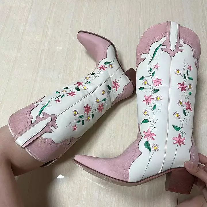 Cowgirl Boots Pink Flower Embroidered Knee Shoes For Women Mid Calf Western Botas Cowboy Mujer Fashion