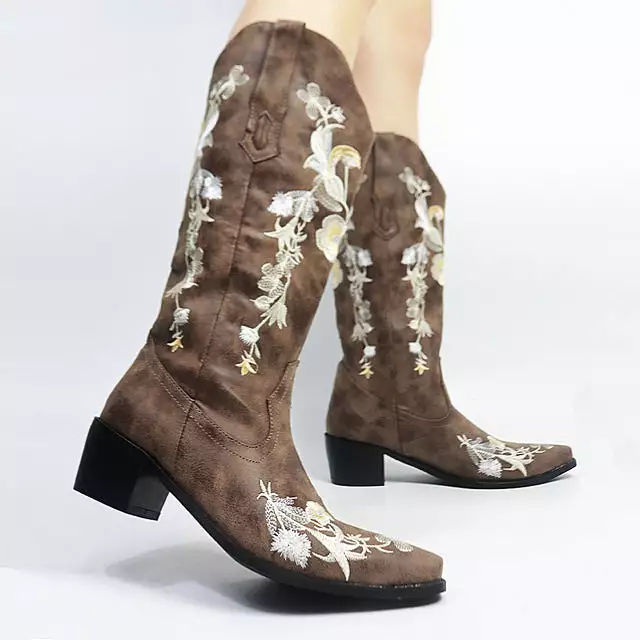 Cowgirls Women Western Cowboy Boots Floral Mid Calf Embroidery Shoes Ridding Boots