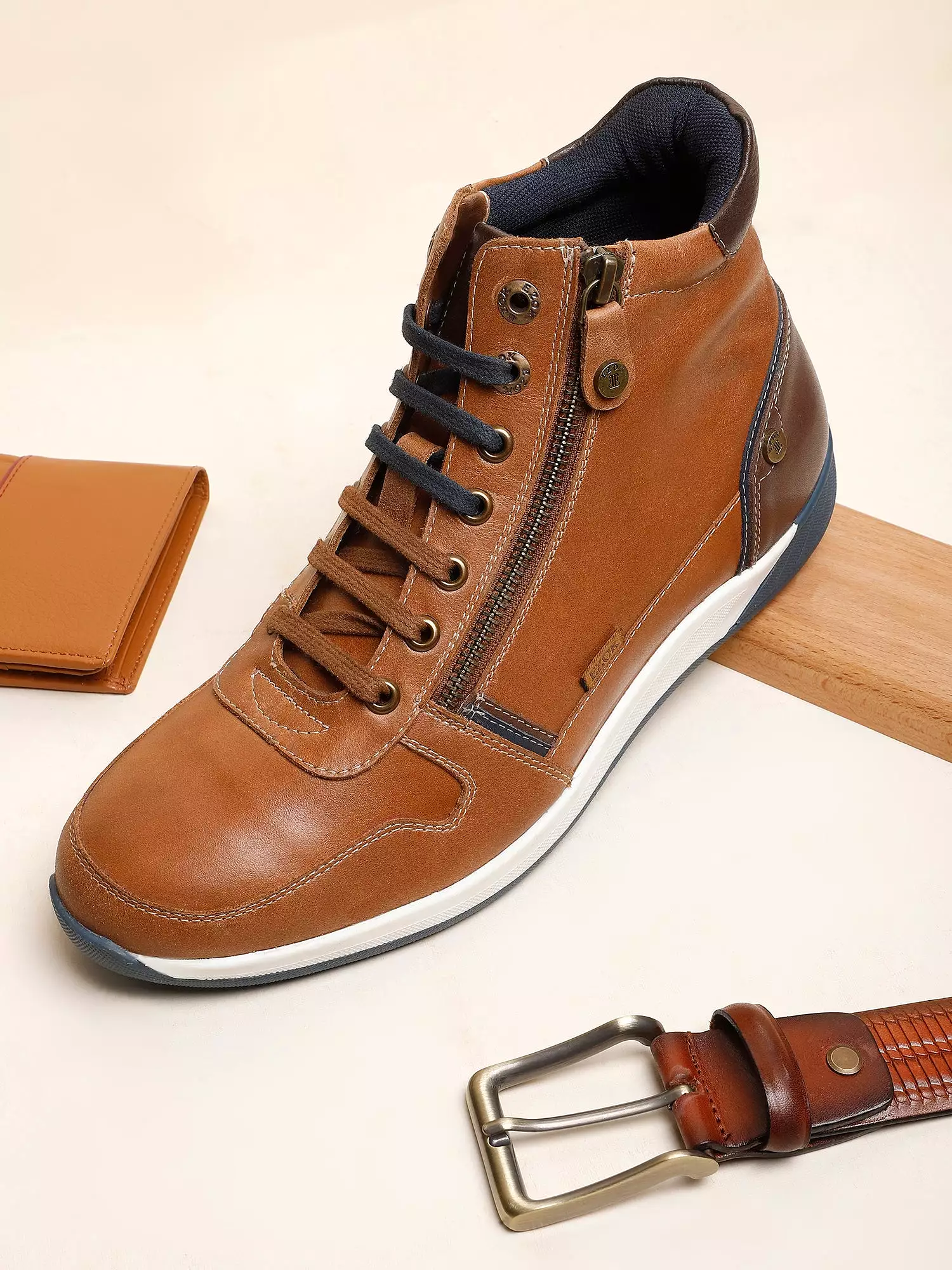 Ezok Tan Lace-ups Leather Sneakers For Men