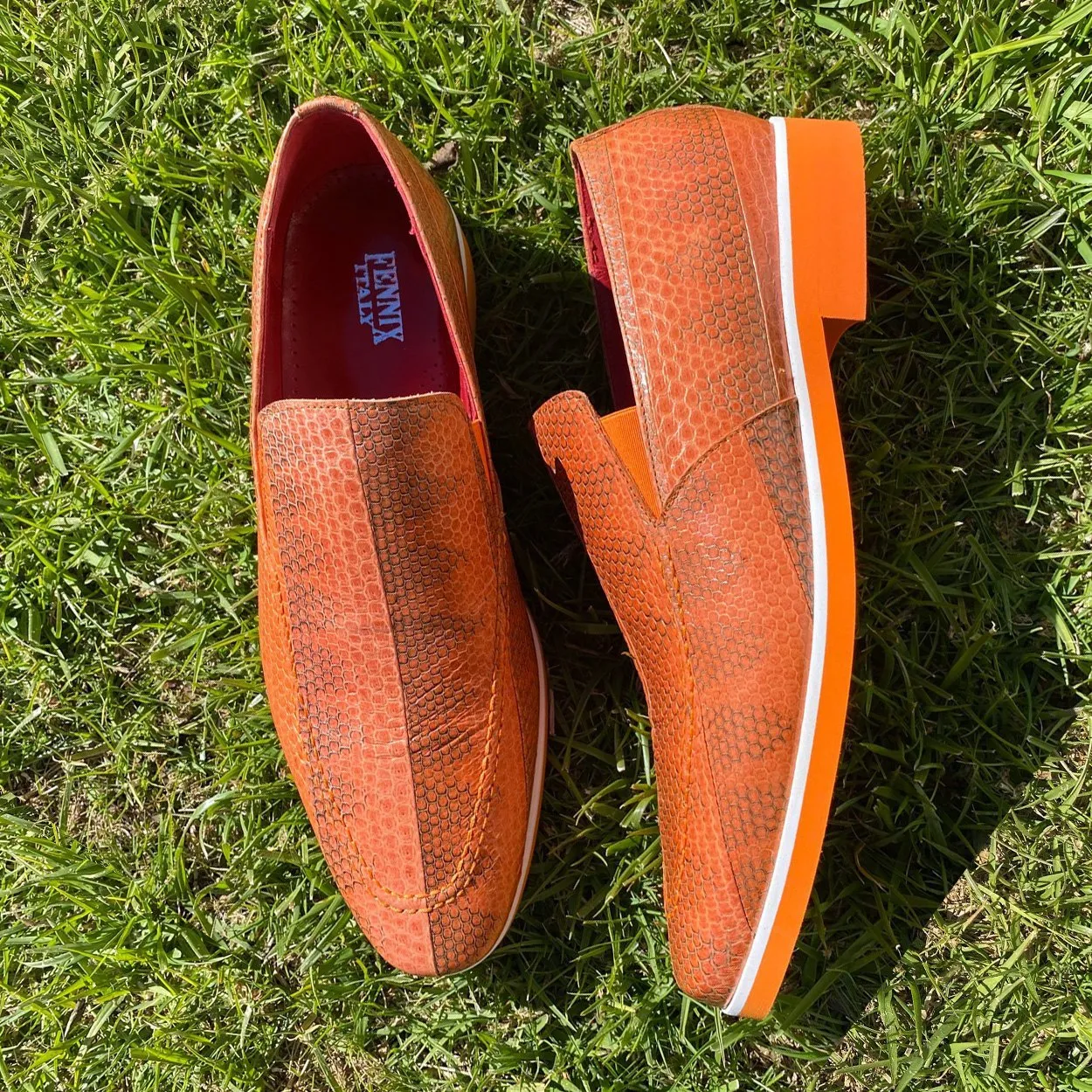 Fennix Daniel Men's Shoes Orange Python Print / Eel-Skin Slip-on Loafers (FXS2602)