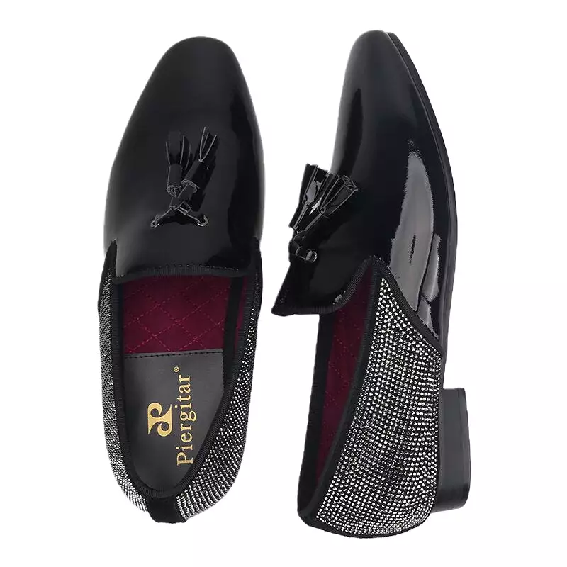 Handmade Black Loafers Classic Stitching Rhinestone Men Flats