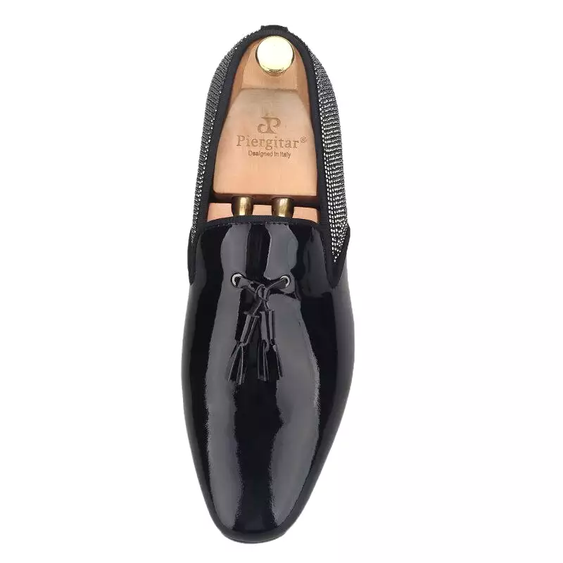 Handmade Black Loafers Classic Stitching Rhinestone Men Flats