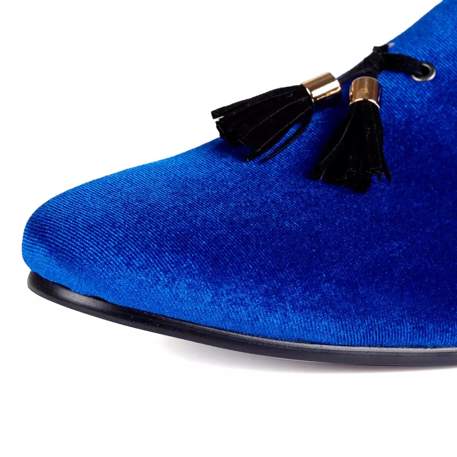 Harpelunde Men Handmade Dress Shoes Slip On Wedding Tassel Blue Velvet Loafers