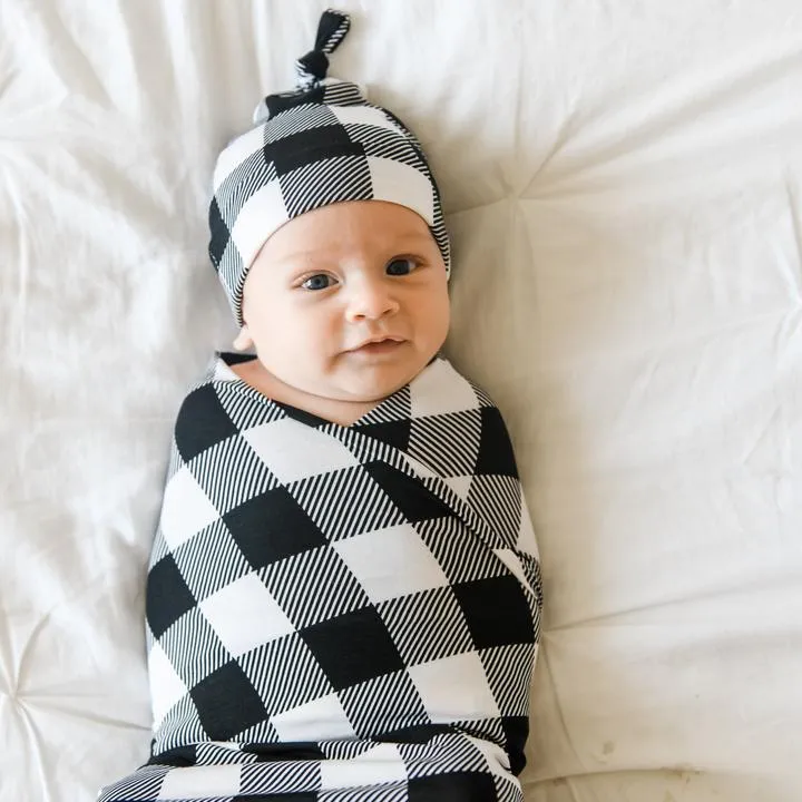 Little Sleepies Buffalo Plaid Bamboo Swaddle & Knotted Hat Gift Set