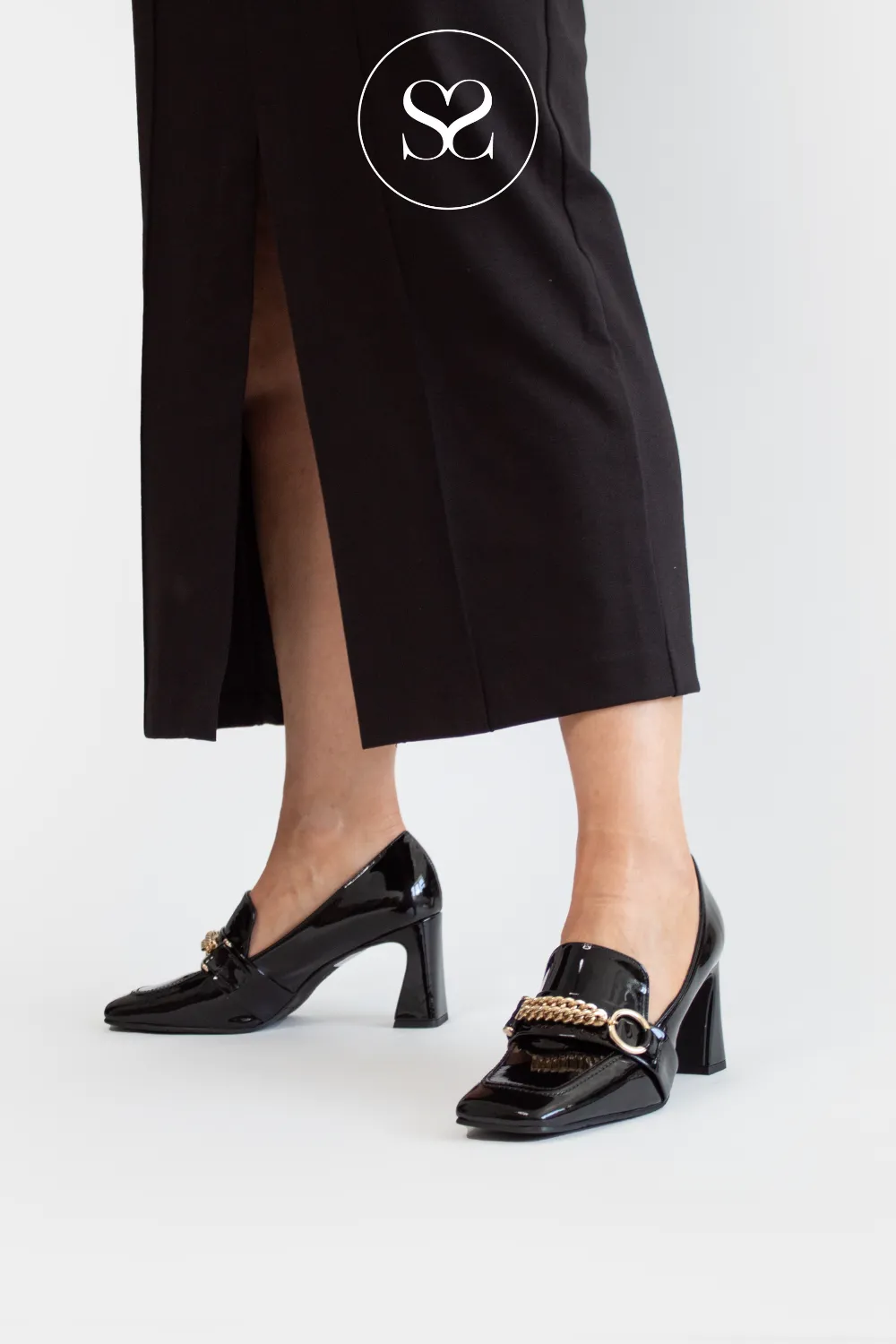 LODI ELUDIS BLACK PATENT LEATHER BLOCK HEELED LOAFERS