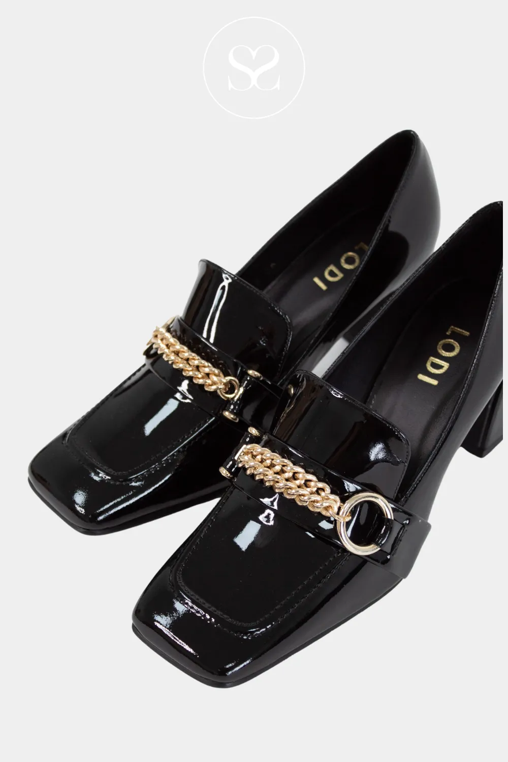 LODI ELUDIS BLACK PATENT LEATHER BLOCK HEELED LOAFERS