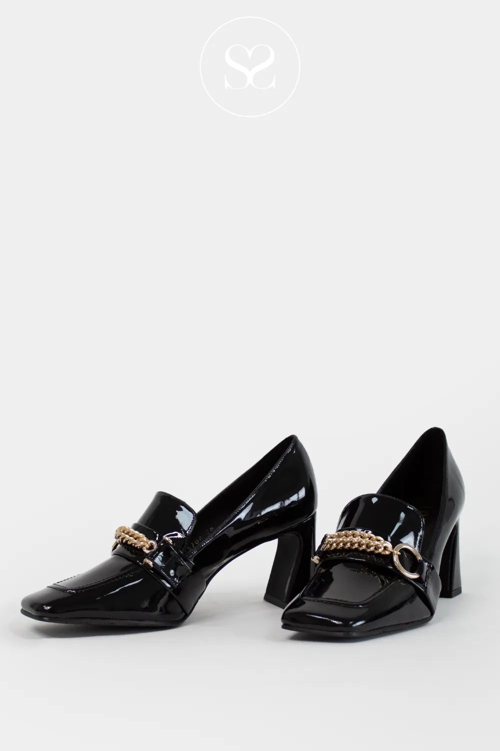 LODI ELUDIS BLACK PATENT LEATHER BLOCK HEELED LOAFERS