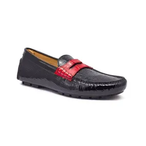 Mauri 3502 Suave Men's Shoes Black & Red Exotic Crocodile / Patent Embossed Leather Driver Loafers (MA5345)