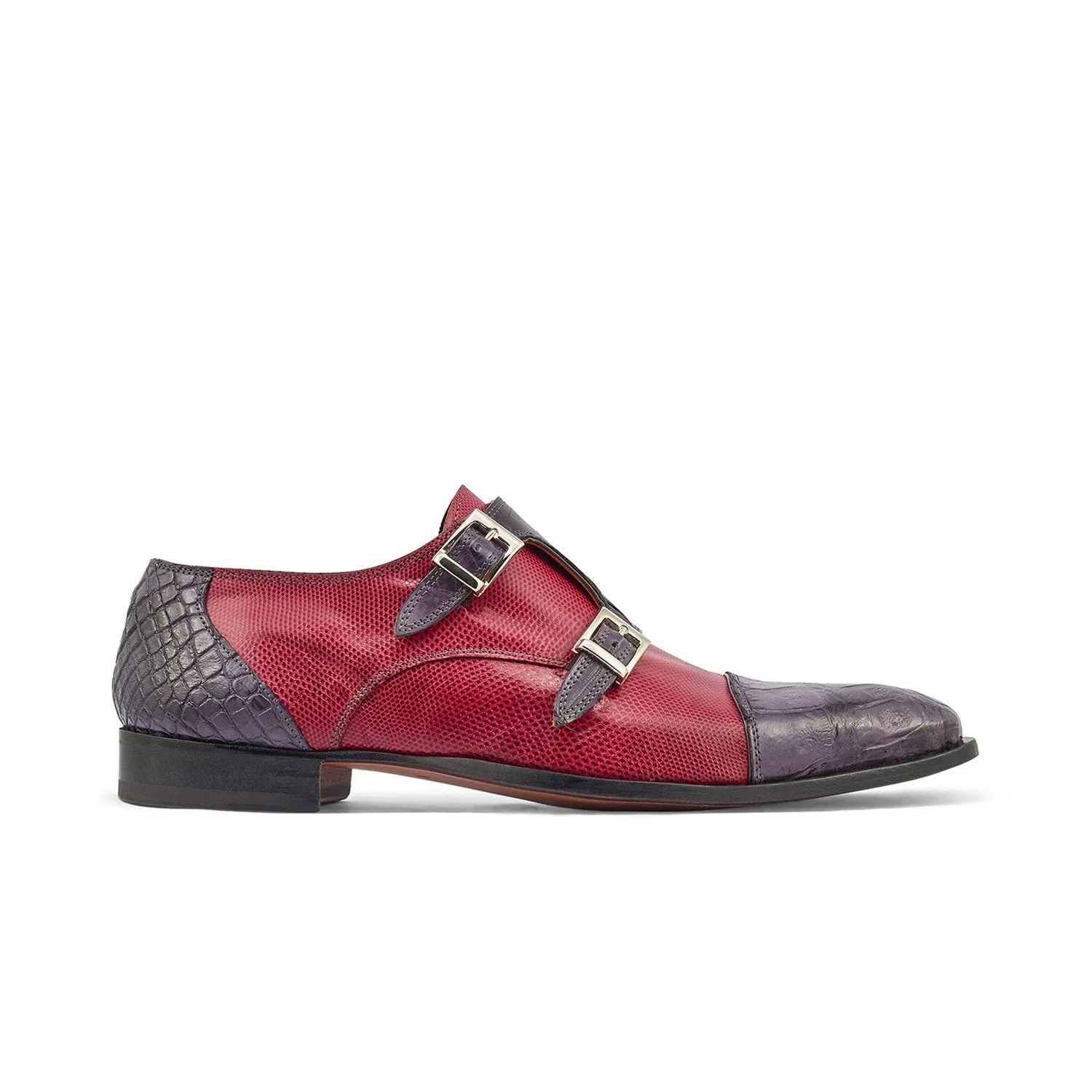 Mauri 4560/2 Madison Men's Shoes Charcoal Gray & Ruby Red Exotic Alligator / Karung Monk-Straps Loafers (MA5376)