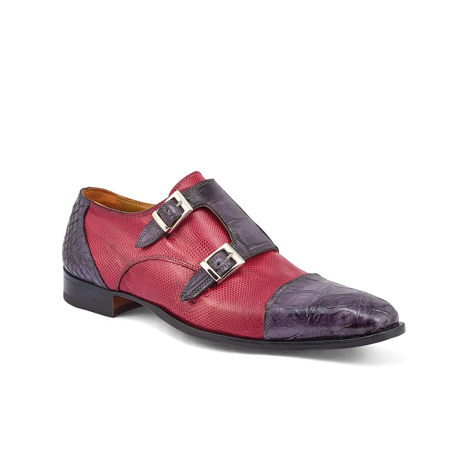 Mauri 4560/2 Madison Men's Shoes Charcoal Gray & Ruby Red Exotic Alligator / Karung Monk-Straps Loafers (MA5376)