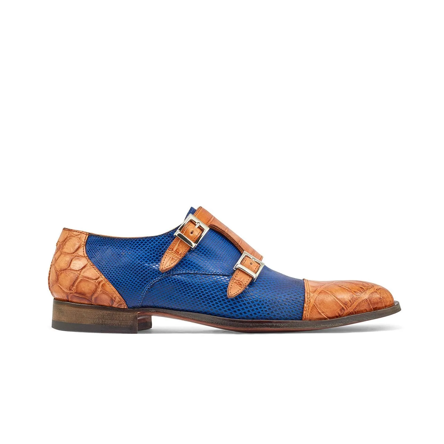 Mauri 4560/2 Madison Men's Shoes Cognac & Brilliant Blue Exotic Alligator / Karung Monk-Straps Loafers (MA5375)