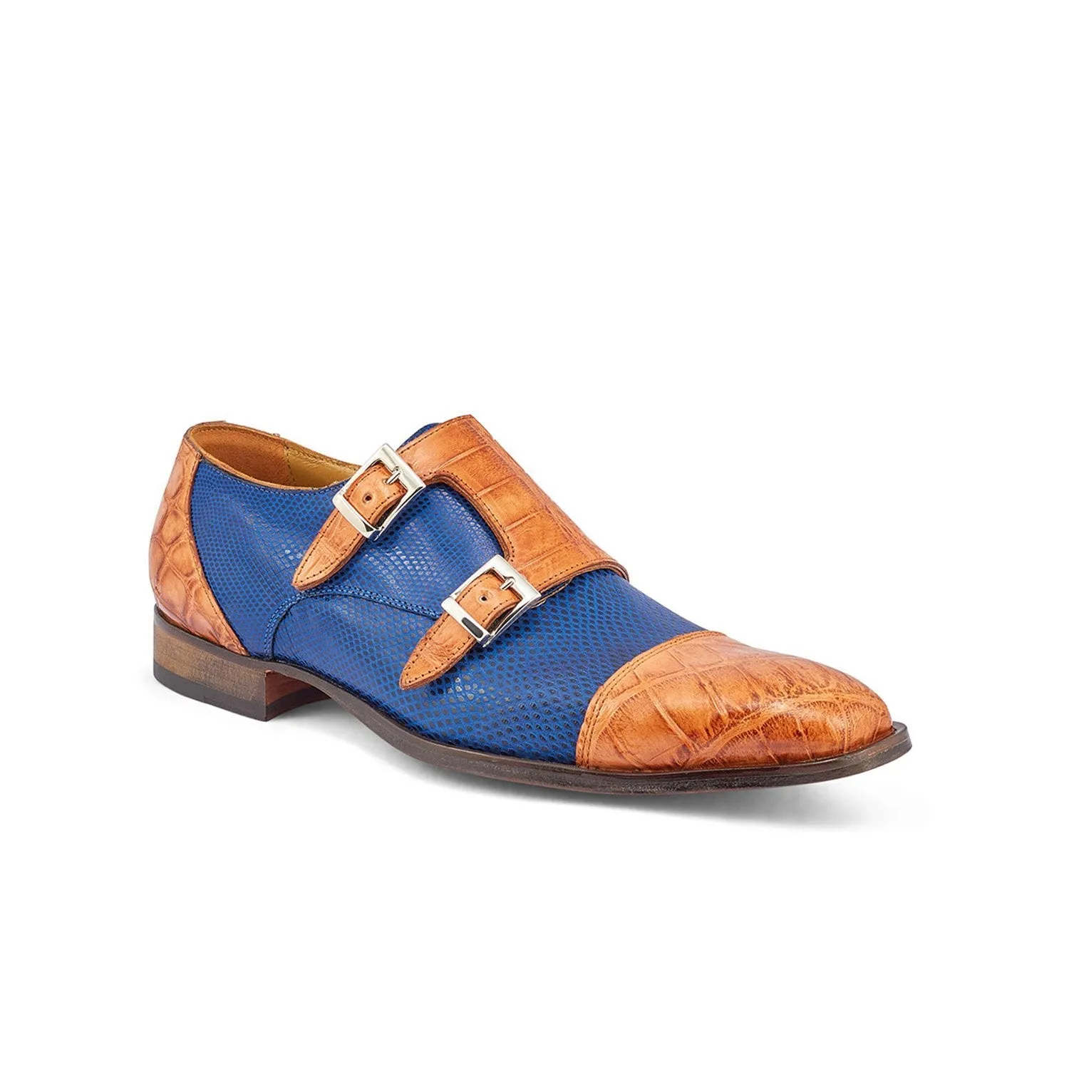 Mauri 4560/2 Madison Men's Shoes Cognac & Brilliant Blue Exotic Alligator / Karung Monk-Straps Loafers (MA5375)