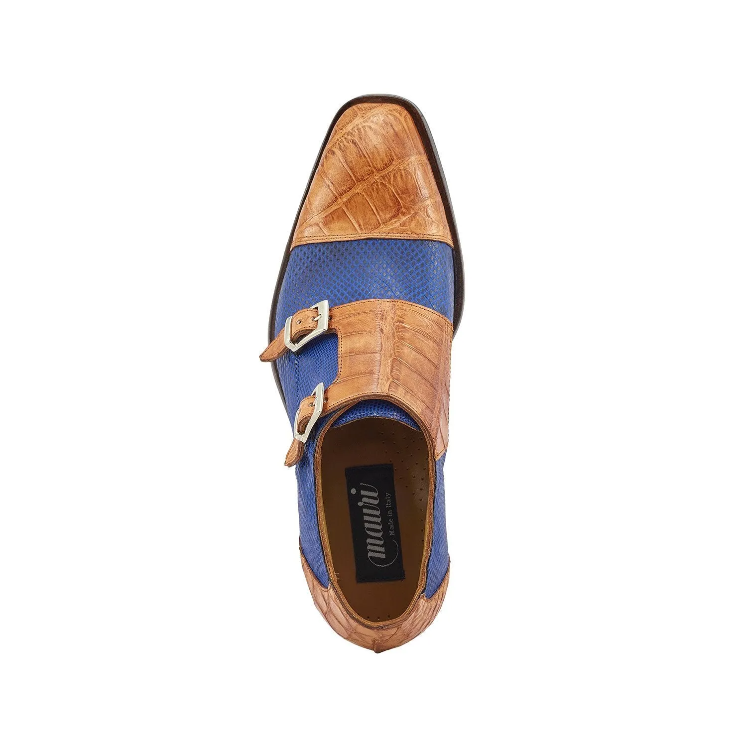 Mauri 4560/2 Madison Men's Shoes Cognac & Brilliant Blue Exotic Alligator / Karung Monk-Straps Loafers (MA5375)