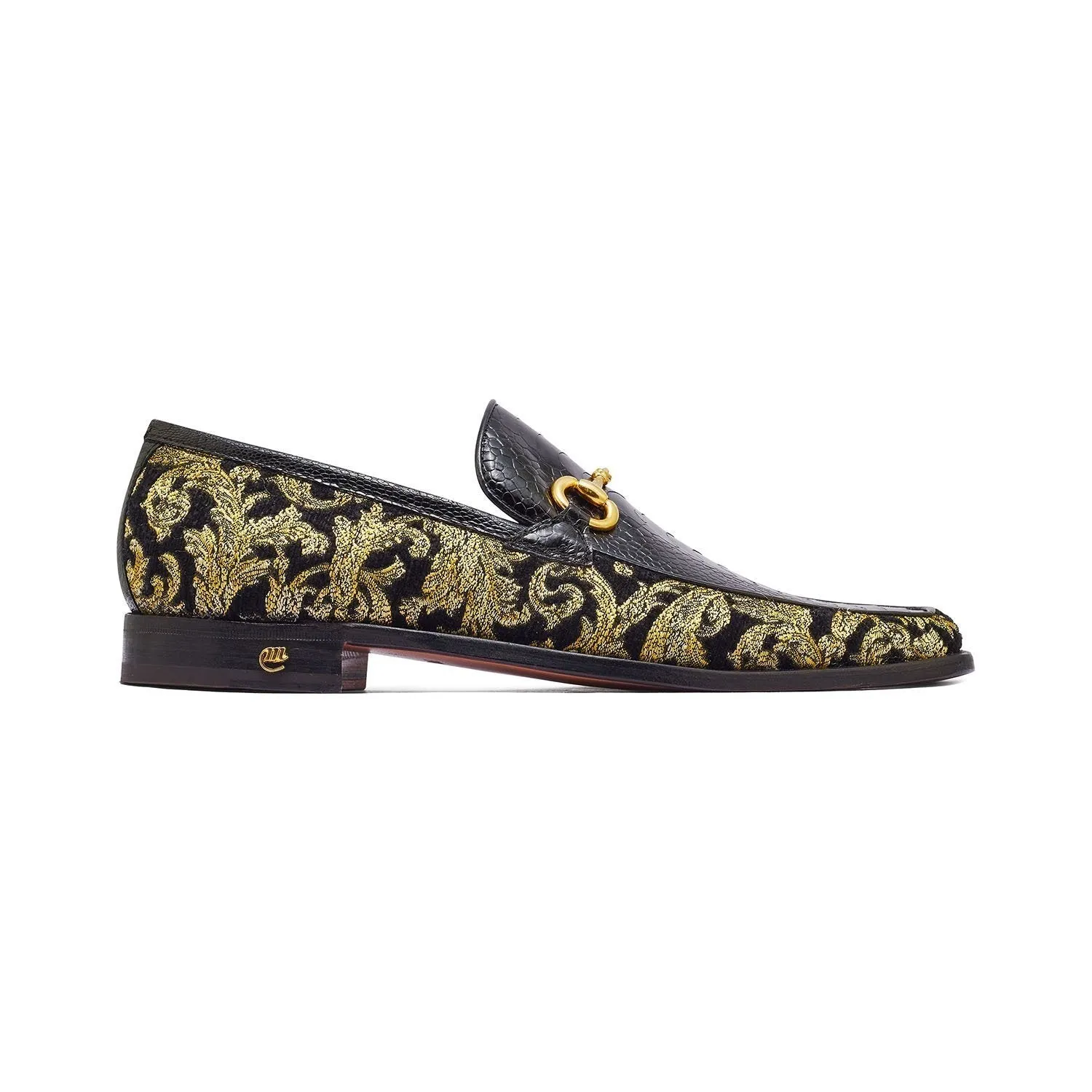 Mauri 4938 Majesty Men's Shoes Black & Gold Exotic Ostrich Leg / Didier Fabric Horsebit Loafers (MA5331)