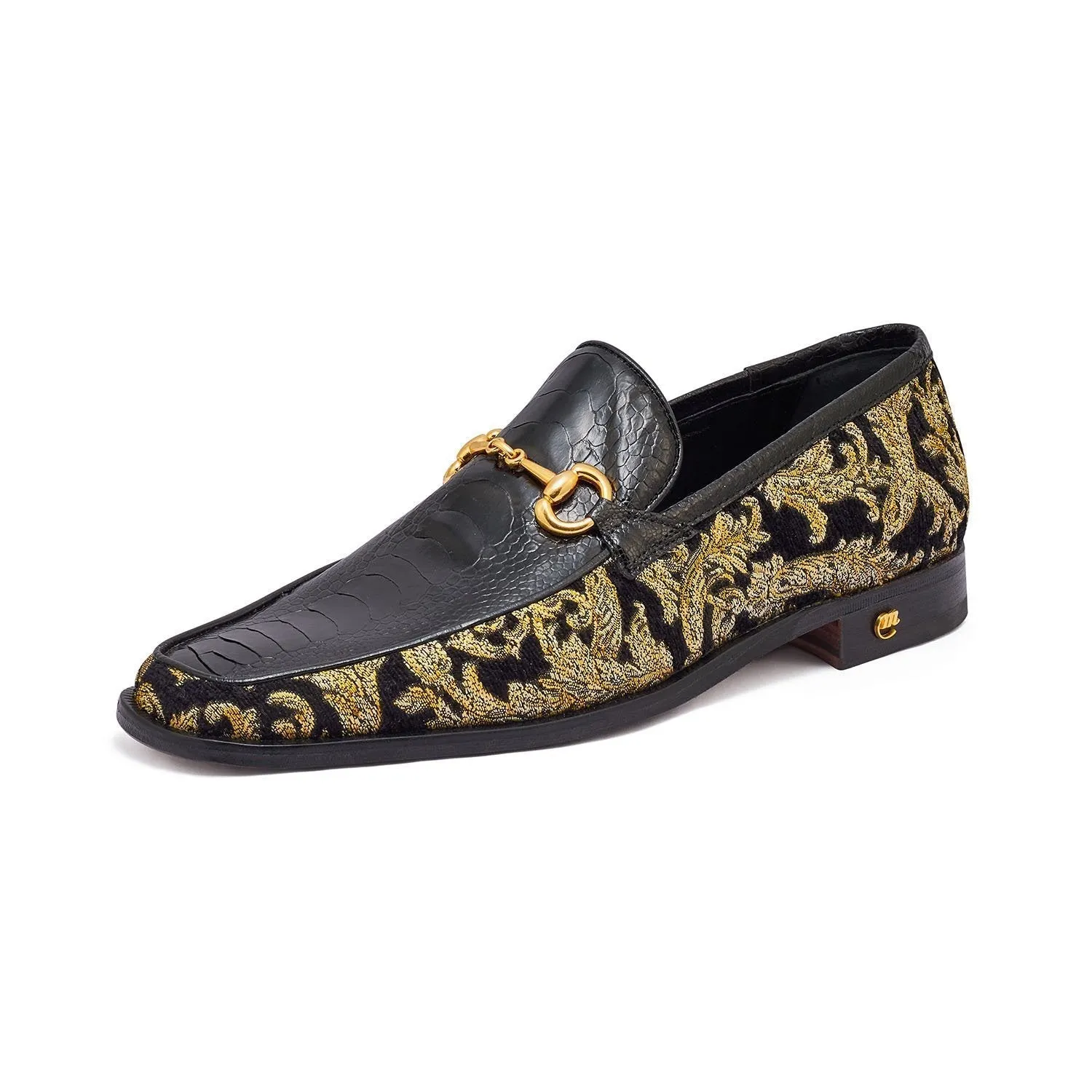 Mauri 4938 Majesty Men's Shoes Black & Gold Exotic Ostrich Leg / Didier Fabric Horsebit Loafers (MA5331)