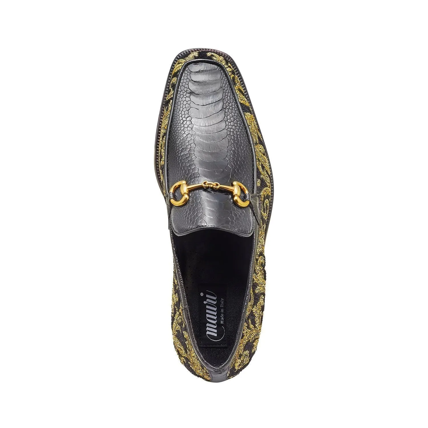 Mauri 4938 Majesty Men's Shoes Black & Gold Exotic Ostrich Leg / Didier Fabric Horsebit Loafers (MA5331)