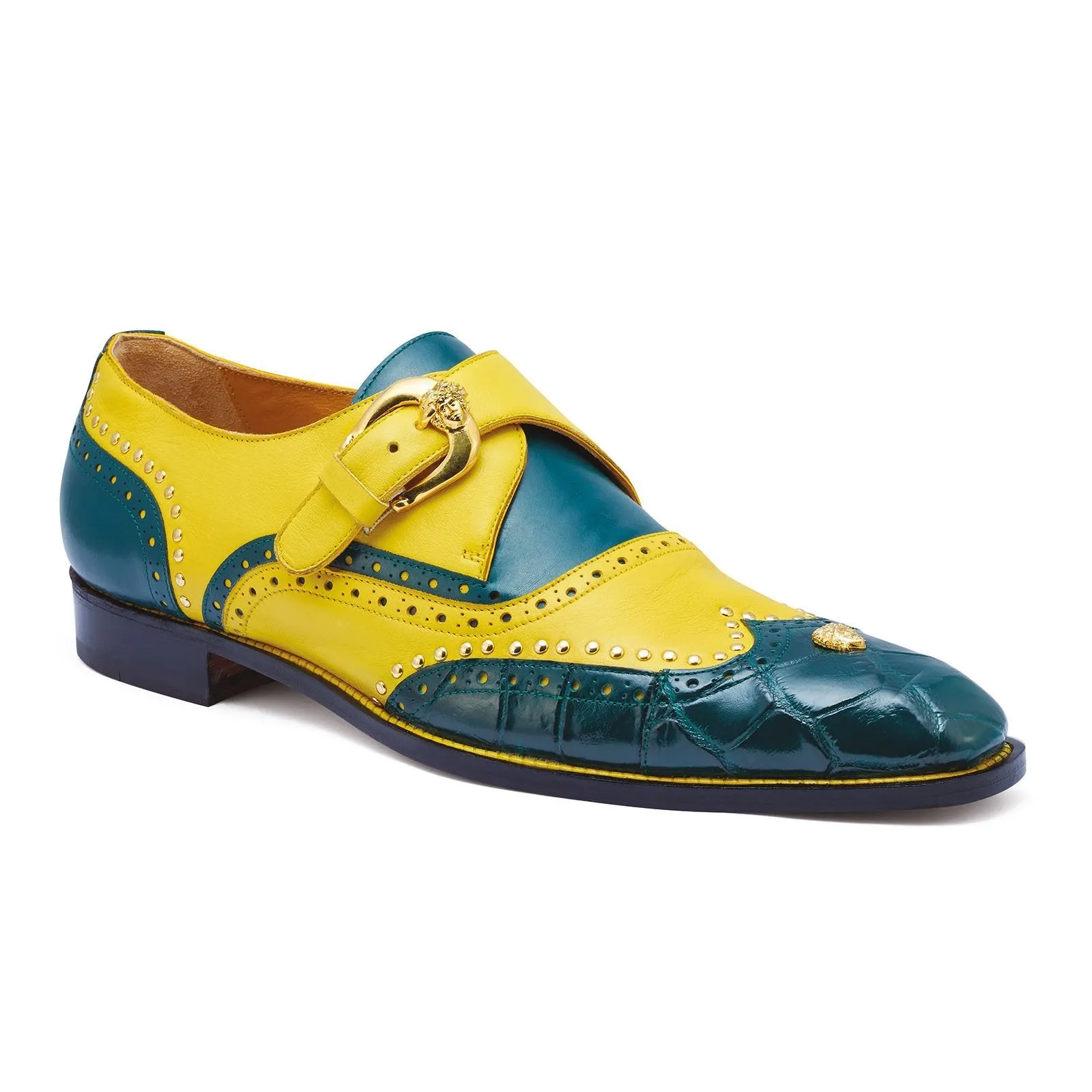 Mauri Godfather 3051 Men's Shoes Forest Green & Yellow Exotic Alligator / Calf-Skin Leather Monk-Strap Loafers (MA5253)