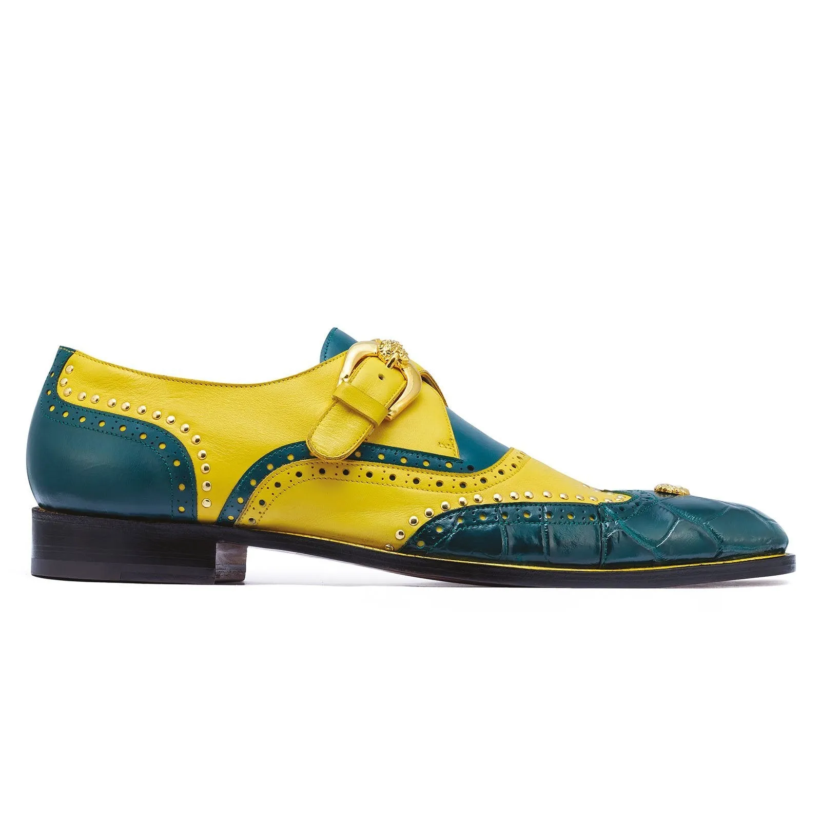 Mauri Godfather 3051 Men's Shoes Forest Green & Yellow Exotic Alligator / Calf-Skin Leather Monk-Strap Loafers (MA5253)