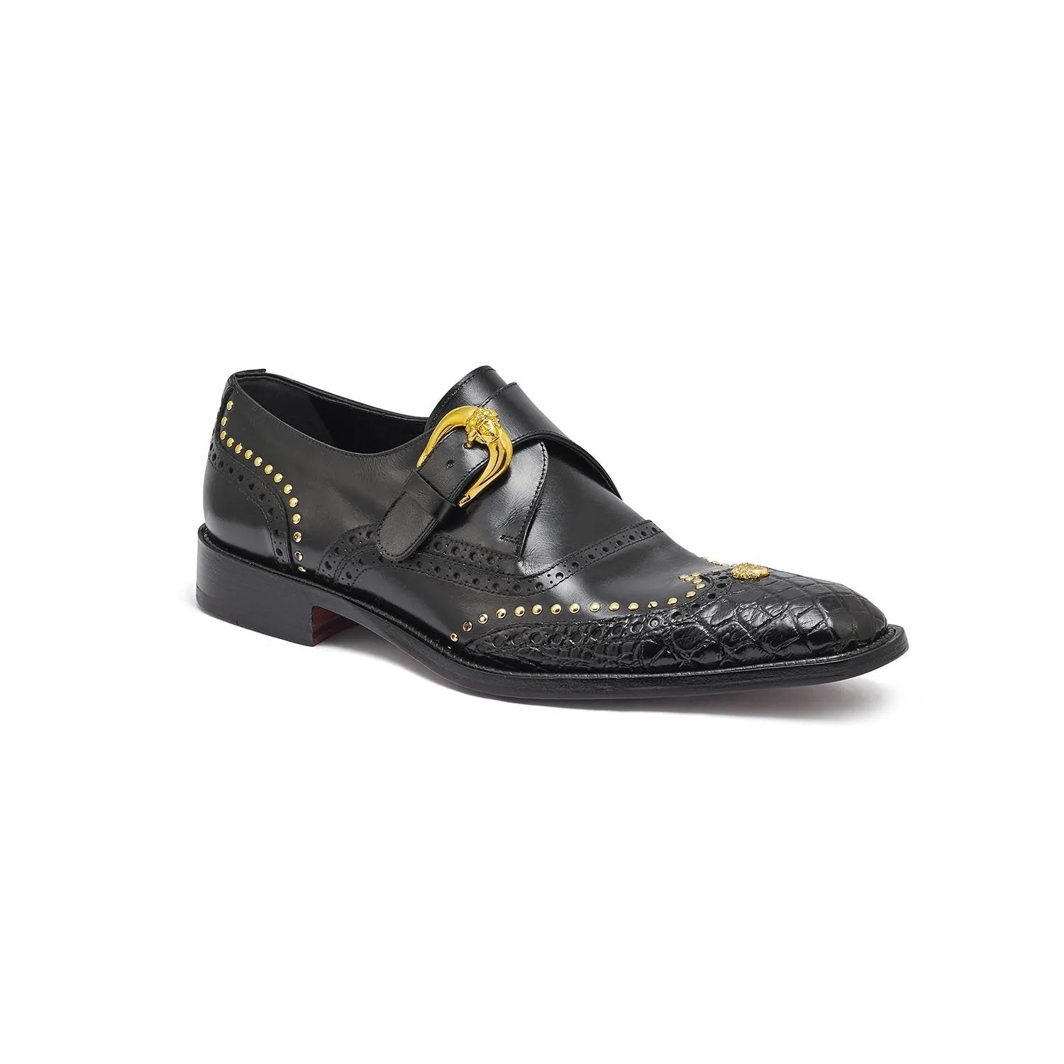 Mauri Godfather Men's Designer Shoes Black Alligator / Calf-Skin Leather Dress Monk-Straps Loafers 3051 (MA5309)