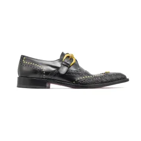 Mauri Godfather Men's Designer Shoes Black Alligator / Calf-Skin Leather Dress Monk-Straps Loafers 3051 (MA5309)