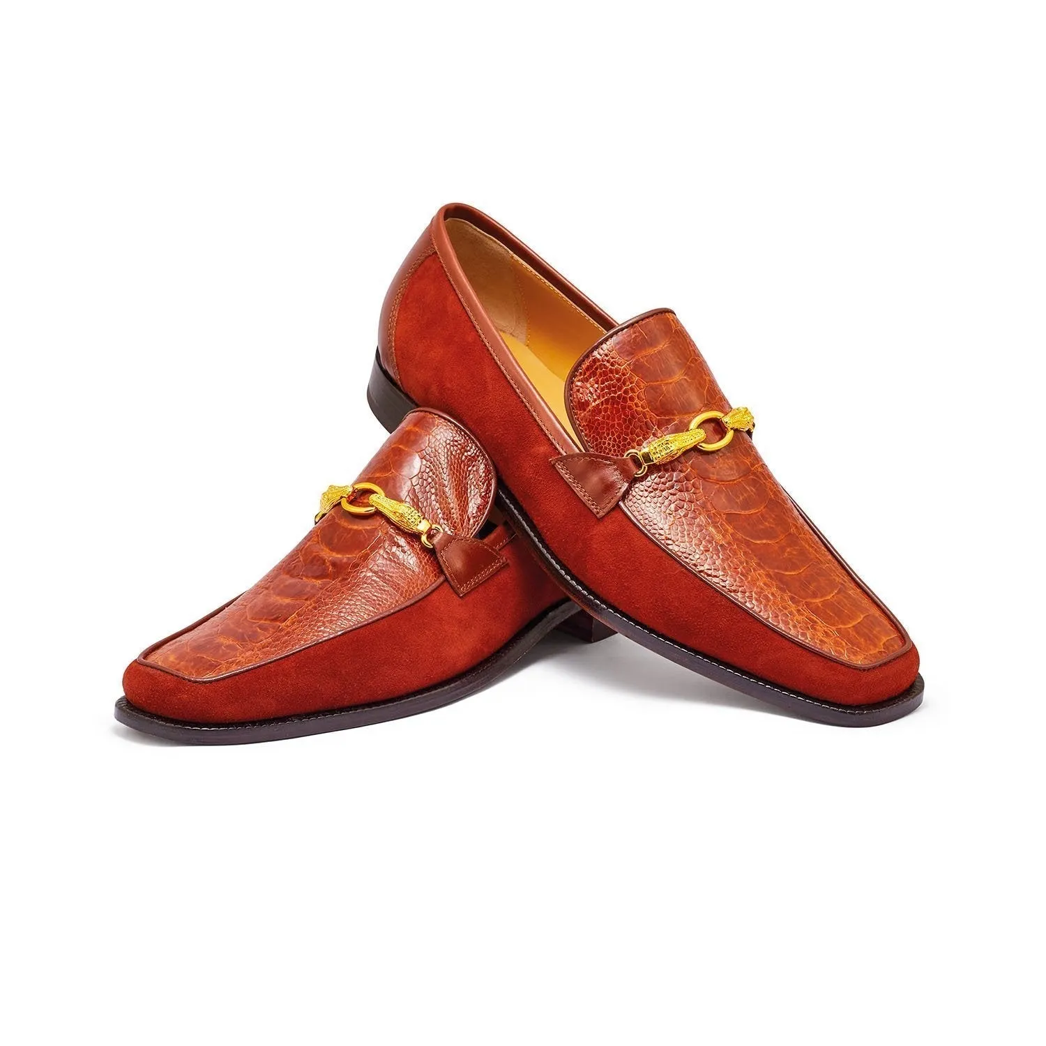 Mauri Priest 4800 Men's Shoes Gold Ostrich Leg / Suede / Calf-Skin Leather Horsebit Loafers (MA5304)