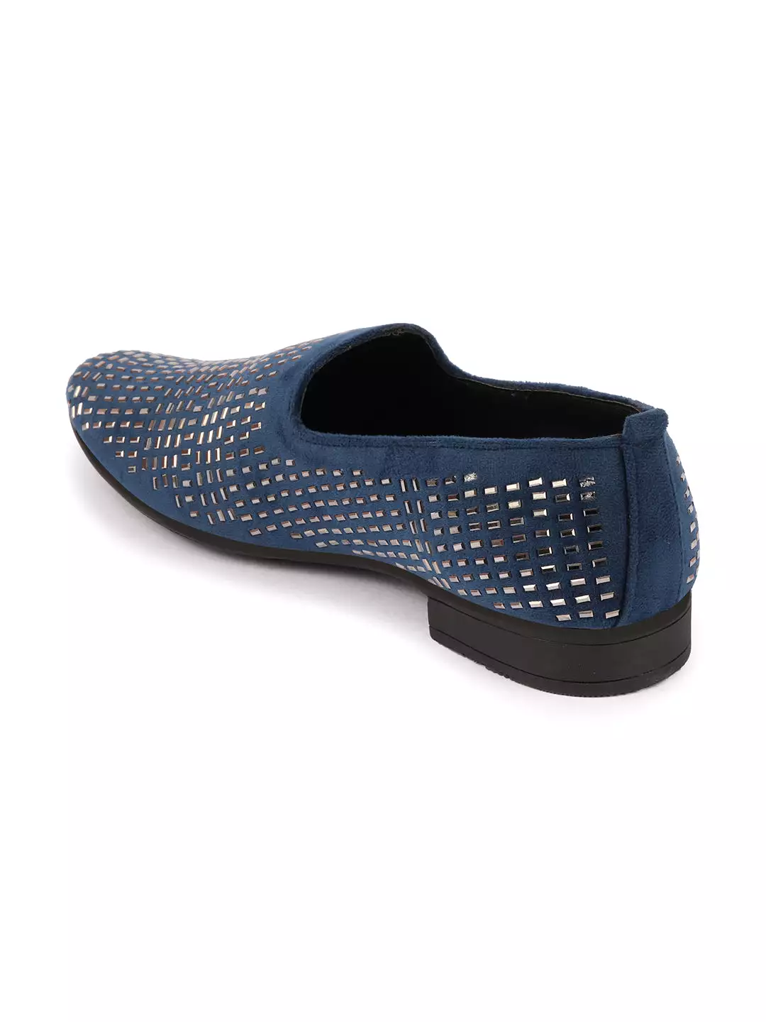 Men Blue Embellished Design Velvet Slip On Party Loafers Shoes