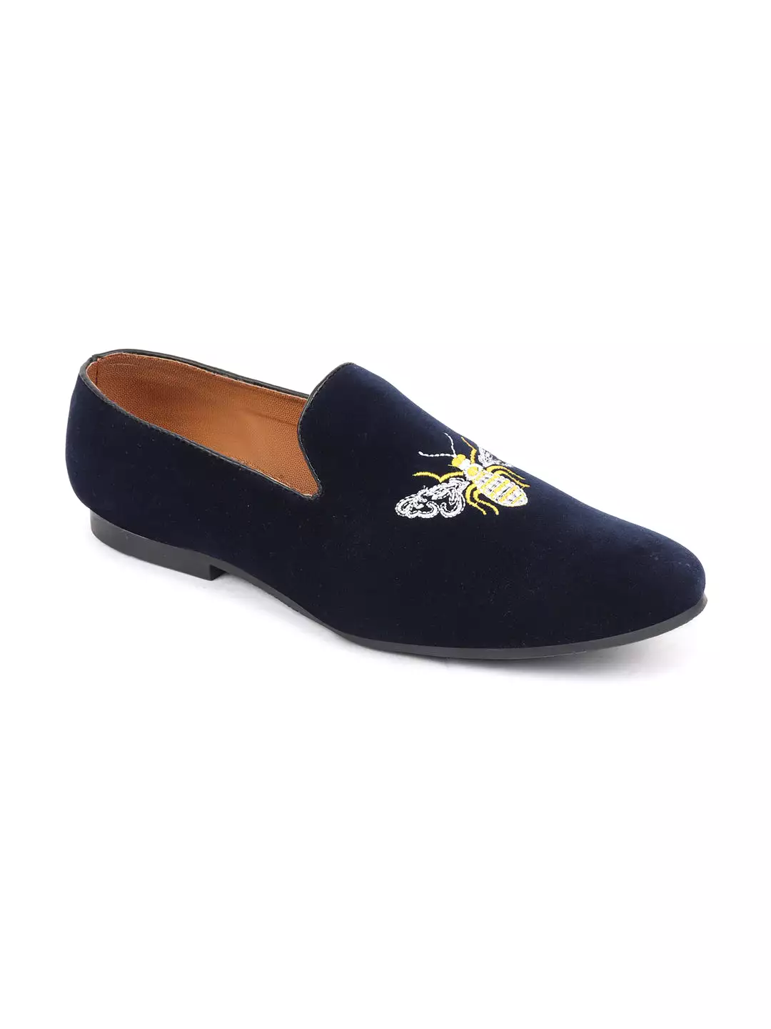 Men Blue Velvet Bee Print Embroidery Slip On Party Loafers