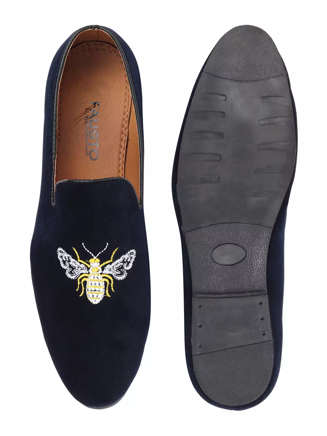 Men Blue Velvet Bee Print Embroidery Slip On Party Loafers